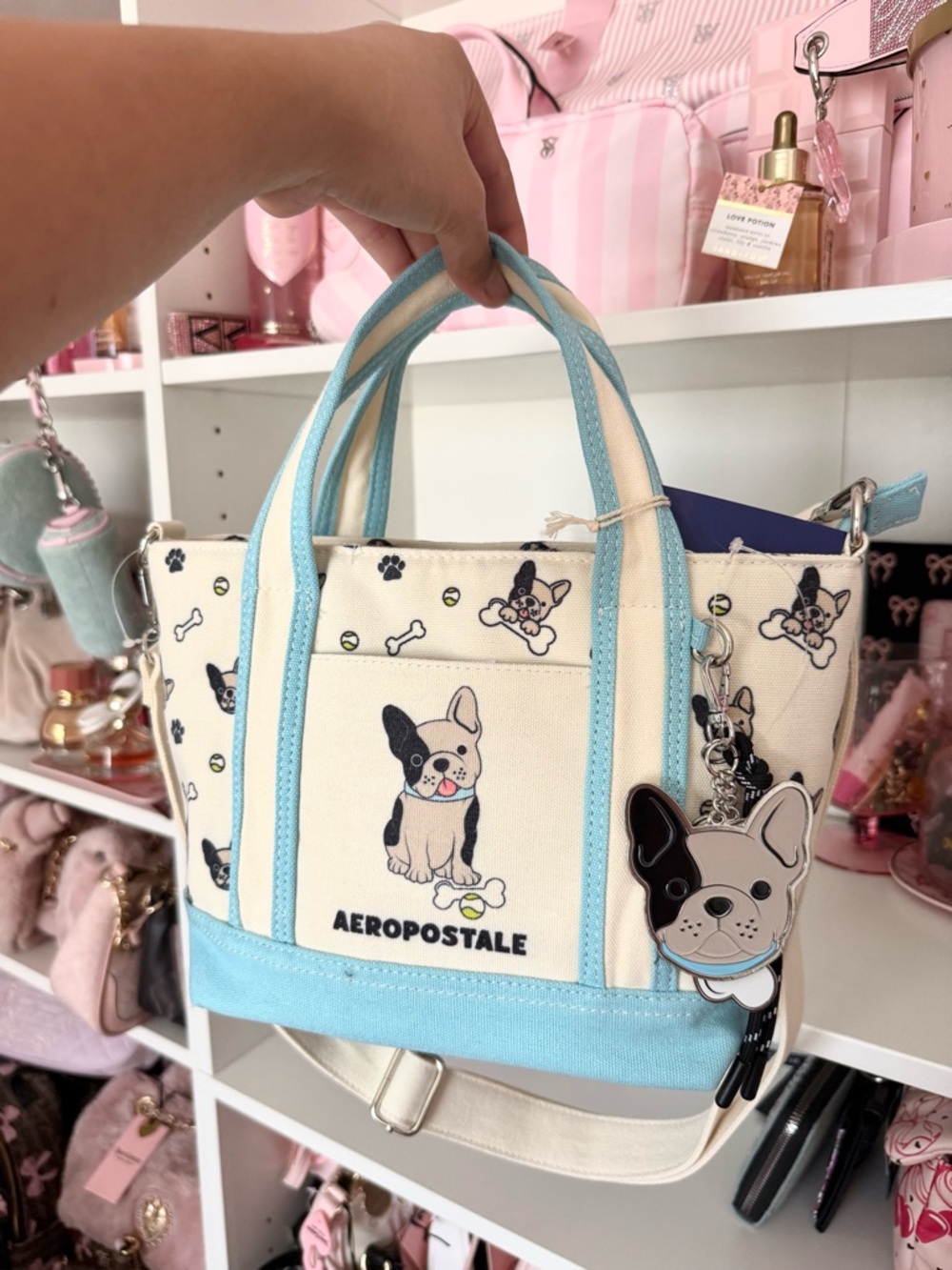Aeropostale Cream & Light Blue French Bulldog Canvas Mini Tote - Picture 5 of 5